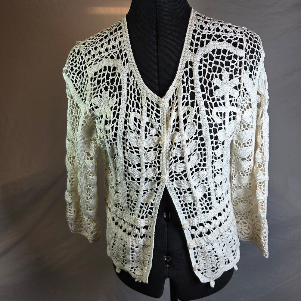 Unbranded Crochet Lace Cardigan Open Knit Floral Button Front Sweater